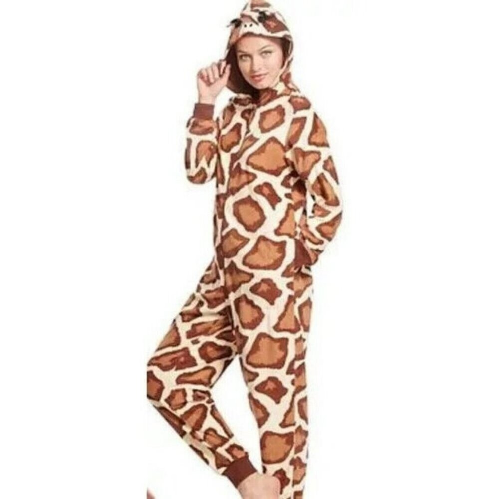 Nick &‎ Nora Giraffe One Piece Sleepwear Women Medium Brown Hood Animal Safari